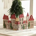 Wooden Christmas fence decoration with mini European houses and snowmen, 57cm wide - Foldable Snowman House Fence