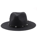 Detail of black straw cowboy hat featuring silver star studs on decorative leather band - Black