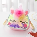 Cute kids unicorn crossbody bag with holographic TPU finish and pink pom-pom detail - Colorful