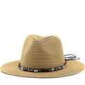 Classic khaki straw sun hat with beaded woven band for outdoor beach and travel - M (56-58cm) / Khaki