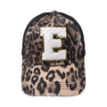 Detail of leopard print baseball cap with fuzzy letter E patch and gold sequins - Letter E (Black Leopard)