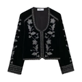 Elegante schwarze Samtjacke mit silberner Blumenstickerei und schickem V-Ausschnitt - XS / Schwarz