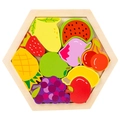 Wooden hexagonal fruit puzzle toy featuring colorful pieces like apple and grape - Large Hexagon - Fruit