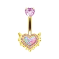 Pink heart belly button ring with gold plating and iridescent opal winged design - Short Gold