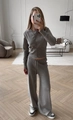 Mirror selfie showing a grey knit cardigan and wide-leg trousers set for women - Gray