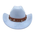 Light blue western cowboy hat with ethnic woven band and silver coin pendants - Light Blue