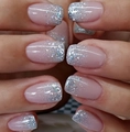 Close-up of nude pink ombre fake nails with silver glitter tips and a glossy finish - Nude Pink Silver Ombre (CW246) / Jelly Glue + Nail File