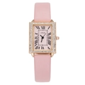 Montre carrée élégante pour femme en cuir rose avec cadre en strass or rose - Rose