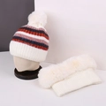 Cream winter knit hat and neck warmer set with colorful stripes and fluffy white pom-poms - No.9-Multicolor Striped Plush Set