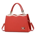 Elegant red bow handbag with gold wave trim and crossgrain leather for women - Red