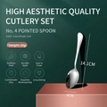 Polished silver stainless steel dinner spoon model four on a geometric display stand - No.4 Pointed Spoon