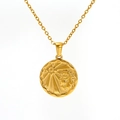 Gold stainless steel Leo zodiac coin necklace with embossed sunray and lion head detail - Leo