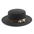 Sombrero de paja negro elegante con cinta de leopardo y detalles de perlas y flores - M (56-58cm) / Negro