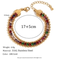 Dreilagiges 18K vergoldetes Edelstahl-Armband mit bunten Strasssteinen besetzt - Dreilagiges Perlenarmband mit Mehrfarbigem Zirkonia - Gold