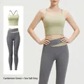 Women's yoga set in sage green racerback bra and grey high-waist crisscross leggings - S / Top And Bottom / Cardamom Green + Sea Rock Grey
