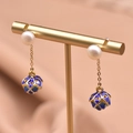Elegant natural pearl earrings with blue enamel lotus pendant on gold chain link - Cloisonne Hydrangea Pendant