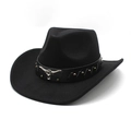 Cappello western nero in feltro con testa di toro in metallo e borchie vintage - Nero