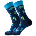 Dark blue crew socks featuring fishing theme patterns with anchors, fish, and rain boots - Size 39-45 / Fishing