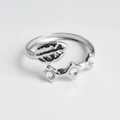 Silver open ring with leaf design and three sparkling crystals in polished finish - Steel Double Leaf