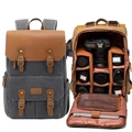 Dark grey canvas camera backpack with brown leather lid for DSLR and multiple lenses - Camera Version / Grey Black