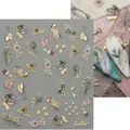 3D nail stickers featuring golden 'hello' script, cat head, and floral patterns - TH-1113 (Gold Letters/Cat Flowers)