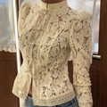 Slim fit cream lace blouse with mandarin collar and traditional knot buttons for women - S / Apricot