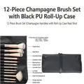 Champagne gold 12-piece makeup brush set with black PU roll-up travel case - 12 Pcs Off-White With Black Wrap Bag