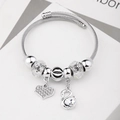 Silver beaded bracelet with swan and heart charms on a twisted metal band - C1-015 White