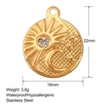 Detail of a 22mm sun and moon stainless steel pendant with dimensions and weight data - SS0027 Gold Sun Moon