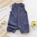 Dark blue ribbed sleeveless baby romper with front buttons and pockets on fabric background - 66CM / Navy Blue