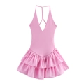 Pink backless slim-fit mini dress with V-neckline and layered ruffle hem in ballet style - S / Pink
