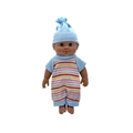 Detailed front view of a realistic black baby doll in blue striped romper and matching hat - 18CM Boy Doll Style 2