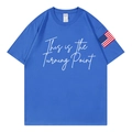 Blue cotton T-shirt with Turning Point print and American flag sleeve patch flat lay - S / Royal Blue