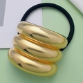 Minimalist elastic hair tie with three polished gold metal rings and black rubber band - Style 11 (Gold Triple Polished Rings)