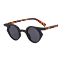 Retro small frame punk sunglasses with black rims and tortoiseshell temples at 45 degree angle - Black Frame Tortoiseshell Temple Grey Lens