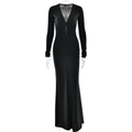 Abito lungo nero sexy a maniche lunghe con scollo a V profondo e dettaglio arricciato - L / Nero