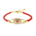 Red braided rope bracelet featuring a golden charm with a pink zircon heart and small diamonds - Red Rope with Lobster Clasp