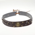 Detail of dark brown leather band with brass rivets, round badge, and hollow patterns - 56-58cm / Dark Brown Hollow Rivet Wide Belt (AB47)