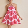 Pink halter neck mini dress with red hibiscus print and A-line sleeveless summer cut - S / Pink