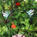 Handmade black cat ear headband with iridescent natural crystal raw stones and beads - No.88 Aurora Borealis
