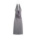 Elegantes graues Neckholder-Satinkleid mit drapiertem Wasserfallausschnitt und Metallring - XS / Silbergrau