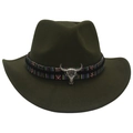 Close-up of olive green felt cowboy hat with ethnic woven band and silver bull head charm - Adult (57-60cm) / Army Green (Bull Head + Colorful Band)