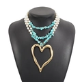 Bohemian multilayer necklace with large gold heart pendant and turquoise pearl beads - Heart Pendant / Blue + Gold