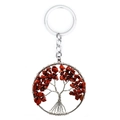 Detailed close-up of a silver Tree of Life keychain with red natural crystal stone leaves - Red Jasper Round Scattered