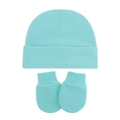 Newborn baby hat and anti-scratch mittens set in soft mint blue cotton knit fabric - Light Lake Blue (2-Piece Set)