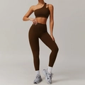 Ensemble de sport marron foncé avec haut à une épaule et legging taille haute à poche - 10/M / Pantalon à Une Épaule Brun Thé de Bouleau