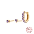Macro detail of 925 sterling silver trinity earring set with purple round-cut stones - Gold-Dark Purple Blue Zirconia