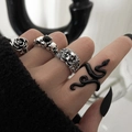 Gothic ring set featuring black rose, skull with black stone, and serpent in vintage silver - YP01420-Dark Rose Skull Snake Ring Set