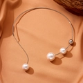 Choker necklace featuring silver metal ring and white pearl pendants on terracotta silk - Silver Necklace (C404) / Silver