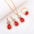 Elegant gold bridal jewelry set with pear-shaped red gemstones and sparkling rhinestones - Three-Piece Set / Waterdrop-Red